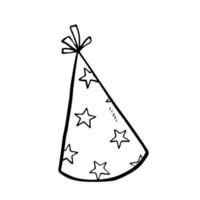 Festive party hat decorated with stars isolated on white background. Vector hand-drawn illustration in doodle style. Perfect for cards, logo, invitations, decorations, birthday designs.