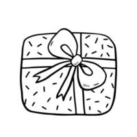 Festive wrapped gift with a bow isolated on white background. Vector hand-drawn illustration in doodle style. Perfect for cards, logo, invitations, decorations, birthday designs.