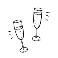 Two clinking glasses with champagne isolated on white background. Cheers, holiday toast. Vector hand-drawn illustration in doodle style. Suitable for cards, decorations, invitations, festive designs.