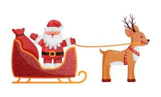 Santa in sleigh with reindeer and bag of gifts