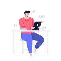 Smiling young man using tablet to work at home in flat design vector