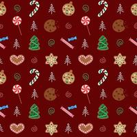 patrón de vector de dulces navideños. postres de año nuevo sobre fondo rojo. telón de fondo de vacaciones sin fisuras con piruletas, dulces y galletas