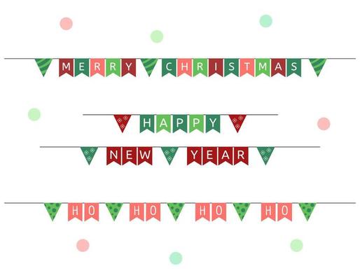 Festive flags garlands. Vector set of New Year and Christmas holiday buntings. Text Merry Christmas, Happy New Year and Ho ho of Santa. Ornament collection.