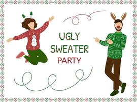 Ugly sweater party. Christmas concept. People have fun. Happy woman and man persons in sweater clothes. Vector illustration