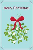 Merry Christmas vintage greeting card. Mistletoe white twig with bow isolated. Vector illustration