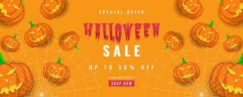 Halloween Orange sale background with pumpkin and spider web  elements vector