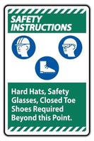 Safety Instructions Sign Hard Hats, Safety Glasses, Closed Toe Shoes Required Beyond This Point vector