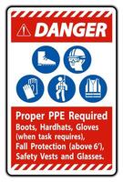 Danger Sign Proper PPE Required Boots, Hardhats, Gloves When Task Requires Fall Protection With PPE Symbols vector