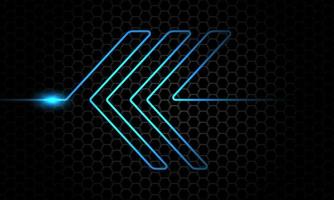 Abstract blue light line neon arrow direction overlap on dark metallic hexagon mesh pattern design modern luxury futuristic background vector
