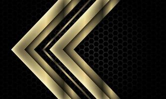 Abstract gold grey arrow direction geometric overlap on dark metallic hexagon mesh pattern design modern luxury futuristic background vector