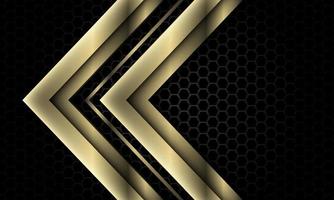 Abstract gold grey arrow direction geometric overlap on dark metallic hexagon mesh pattern design modern luxury futuristic background vector