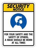 Security Notice For Your Safety And Others Mask At All Times Sign on white background vector