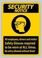 letrero de aviso de seguridad para todos los empleados, conductores y visitantes, se requiere el uso de anteojos de seguridad en todo momento vector