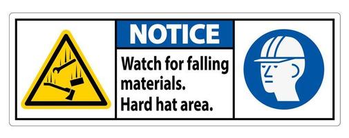 Notice Sign Watch For Falling Materials, Hard Hat Area vector
