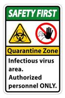 Safety First Quarantine Infectious Virus Area sign on white background vector