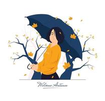 Happy girl with umbrella in autumn day concept illustration vector