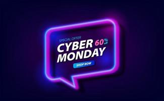 Cyber monday techno neon sale offer banner promotion vector