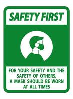 Safety First For Your Safety And Others Mask At All Times Sign on white background vector