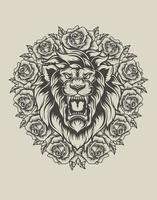 Ilustración cabeza de león con flor rosa estilo monocromo vector