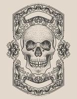 illustration demon skull head with antique engraving ornament vector