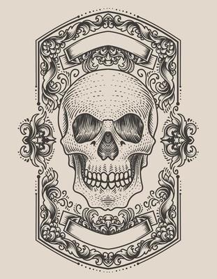 illustration demon skull head with antique engraving ornament