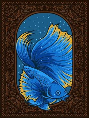 illustration beautiful betta fish on vintage aquarium frame