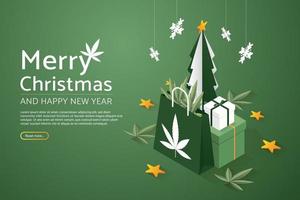 Set de arbol de navidad cajas de regalo grandes y bolsa de papel de marihuana. vector