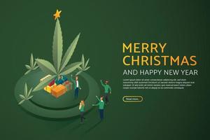 Group of people christmas marijuana and gift box. vector