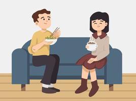 Illustration of a young couple, cafe visitor on couch of cafe having food and chatting. Modern flat vector concept illustration.