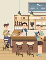 Guys at bar counter of cafe drinking and eating. Waiter serving drinks at bar happily. Cafe bar with people flat coloured vector illustration