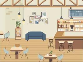Interior cafe scene with furniture. Restaurant Scene front view no people. vector