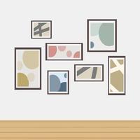 Framed paintings hung on walls. Cafe interior wall decor vector
