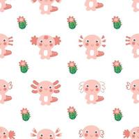 Hand drawn seamless pattern with axolotls and cactuses. vector