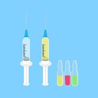 Medical plactic syringe shot with needle and vaccine glass bottle flat style design vector illustration isolated on light blue background icon sign. Concept of vaccine equipment and patient treatment.