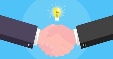 Businessmen shaking hands flat style design vector illustration with lightbulb - idea symbol. Success deal, partnership, greeting, handshaking agreement isolated on blue background with glowing.