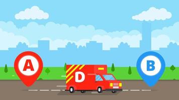 Fast delivery truck service on the road. Car van with landscape behind flat style design and map pins A and B vector illustration isolated on light blue background.  Symbol of delivery company.