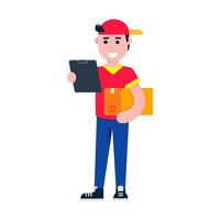 Fast delivery boy character flat style design vector illustration. Delivery boy with the box in his hands. Symbol of delivery company. fast and free.