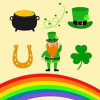 feliz st. El creador de la escena del día de San Patricio establece la ilustración vectorial. duende, trébol hoja de trébol, el sombrero, olla de oro, arco iris, viento mágico. vector