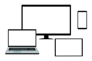 conjunto realista. monitor de computadora, computadora portátil, tableta, teléfono inteligente. maqueta de plantilla. ilustración vectorial de stock. vector