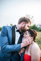 Bride and groom have romance time and happy together photo