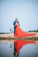 Asian bride and Caucasian groom have romance time and happy together photo