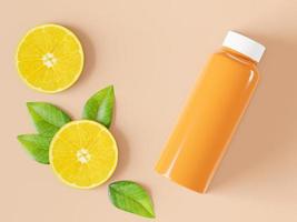 una botella utilizada para envasar jugo de naranja con naranjas. foto