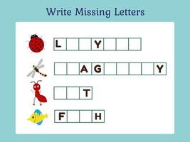 Write Missing Letters Game Animal series. vector