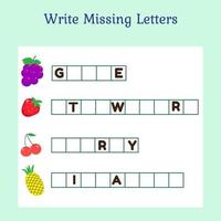 Write Missing Letters Fruit, Game for Kids. vector