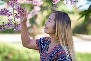 Happy women in nature background photo