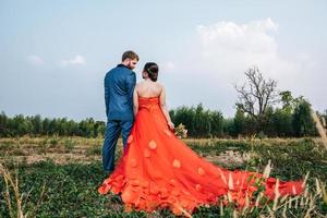 Bride and groom have romance time and happy together photo