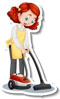 Cartoon character sticker with a house maid using vacuum cleaner vector