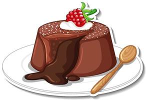 Chocolate lava cake with raspberry sticker isolated on white background vector