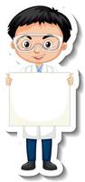 Scientist boy holding blank board cartoon character sticker vector