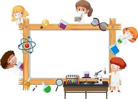 Empty wooden frame with scientist kids cartoon character vector